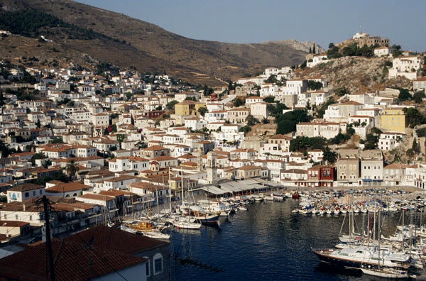 Hydra town rising above its harbour