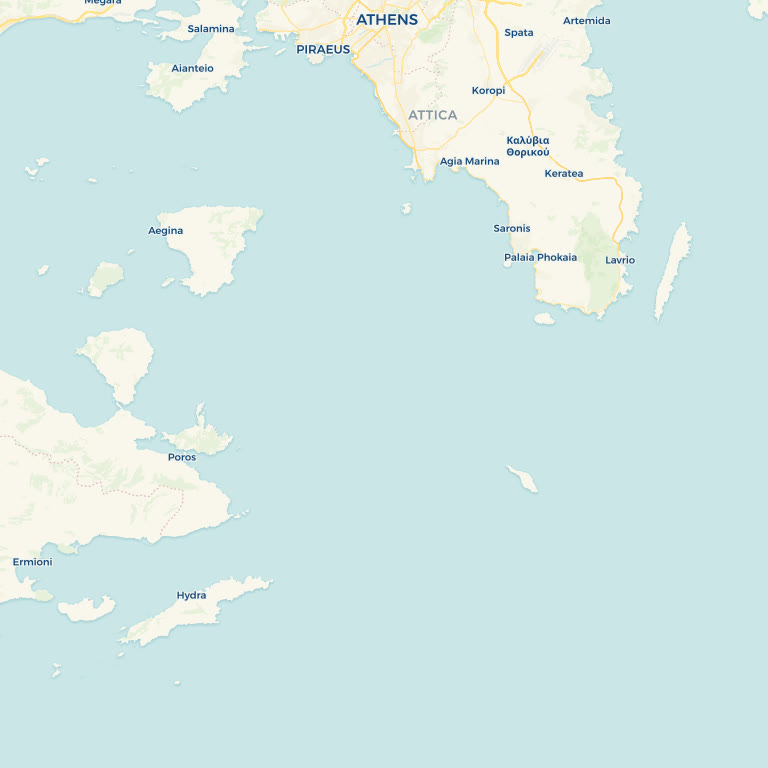 Map of the Saronic Gulf: departures from Varkiza Marina to Aegina, Moni, Agistri, Poros, Hydra, Methana, Fleves, Cape Sounio, Patroklos and Arsida